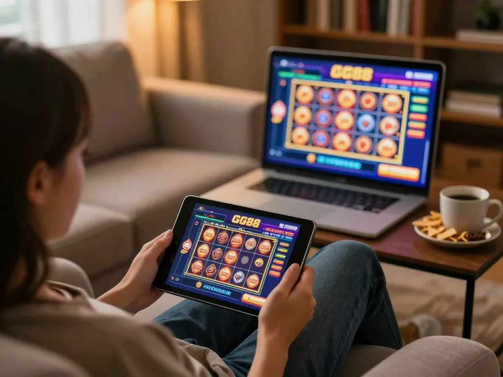 Engaging in online gambling on GG88 com with a tablet in a cozy home setting.