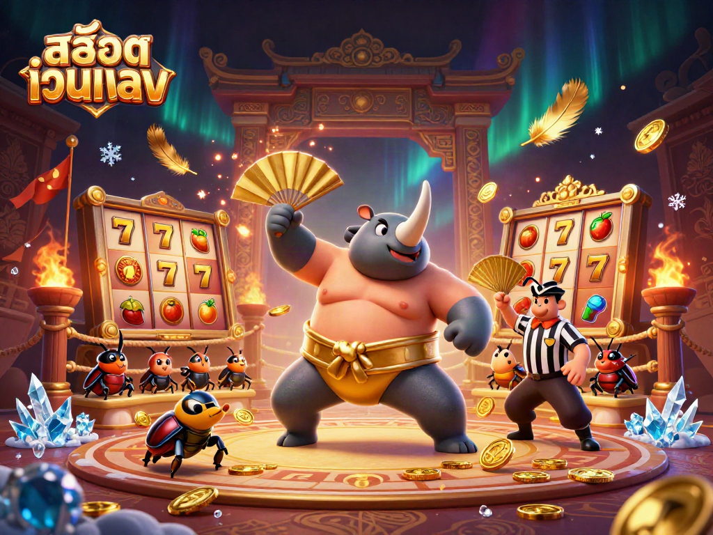 Engage with สล็อตเว็บตรง slots featuring a sumo beetle champion and dynamic casino elements.
