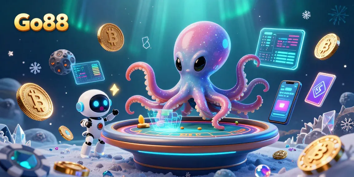 Engage in thrilling gameplay at Go88, with a vibrant illustration of a playful alien octopus at a poker table.