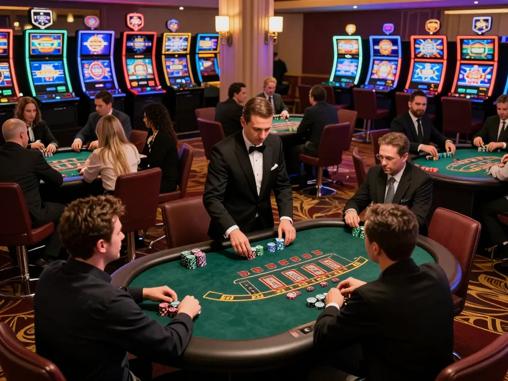 A gambler analyzing cards at a blackjack table in a vibrant casino, featuring cm88seo's strategic gameplay atmosphere.