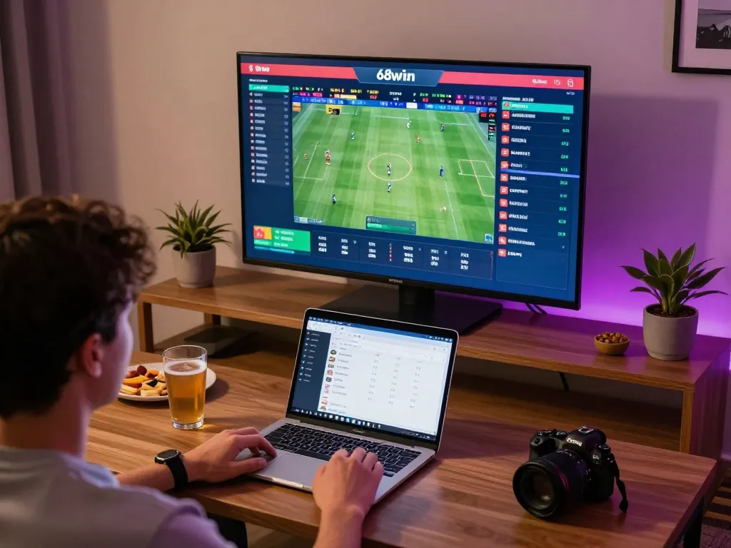 Engaged bettor analyzing live odds on 68win sports betting platform during home game night
