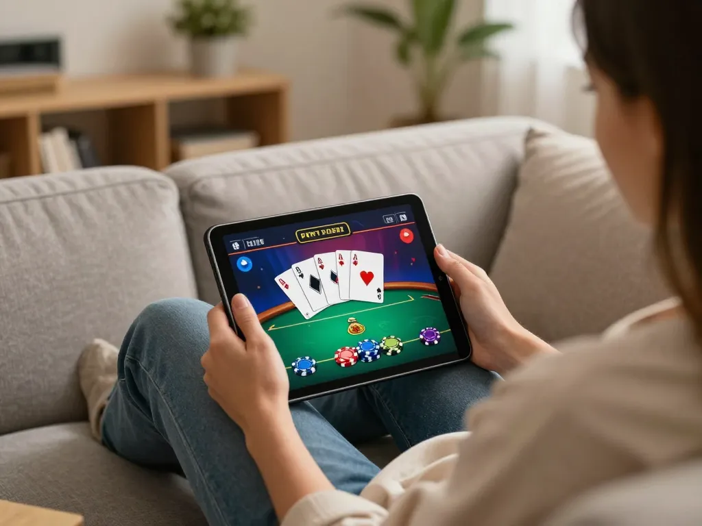 Engaging in an online poker game with 789ff displayed on the tablet, illustrating a cozy home gaming atmosphere