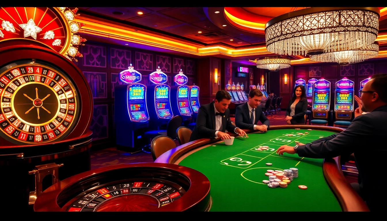 S8 casino scene showcasing exciting roulette wheel and poker tables with players engaged.