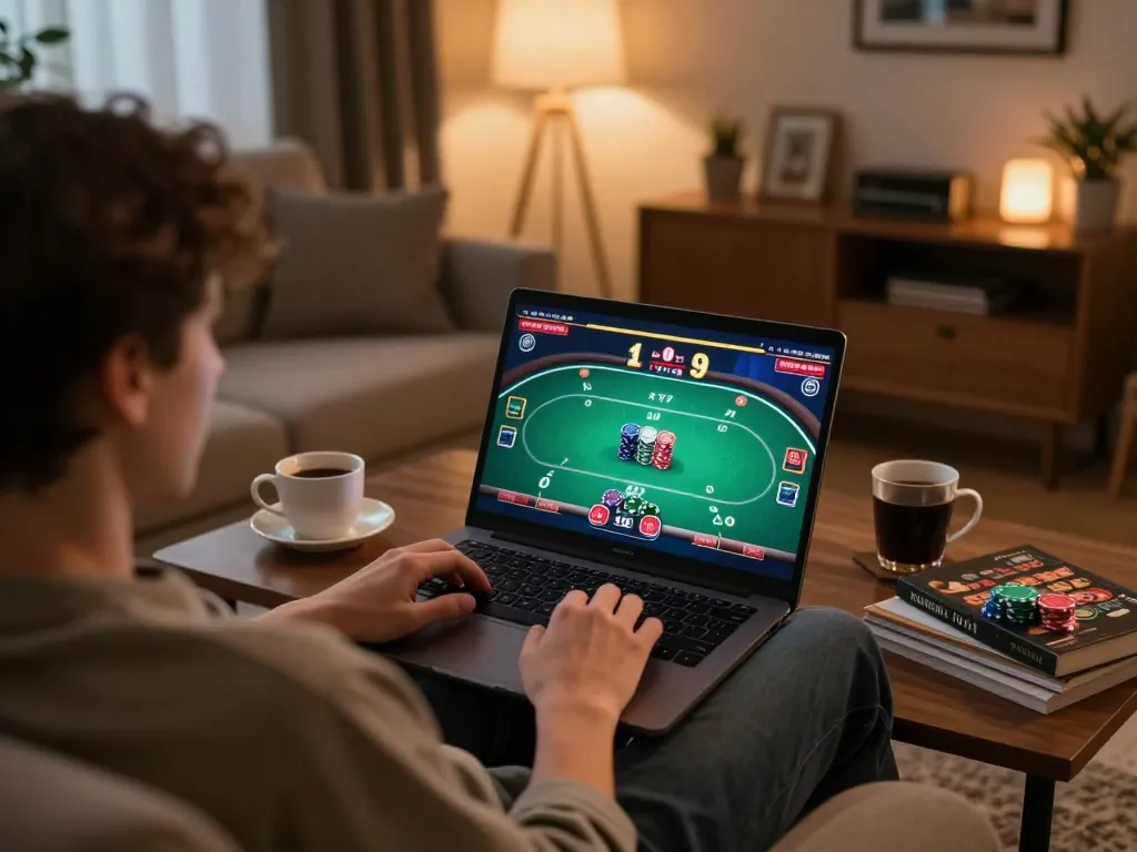 Player engaged in strategic gameplay on VN23's online casino platform from a cozy home setting.