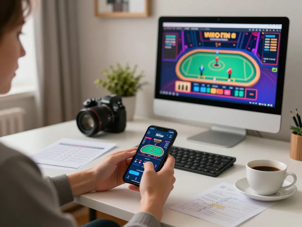 Engaging with the hitclub app on mobile device for online gaming strategies in a cozy home office.