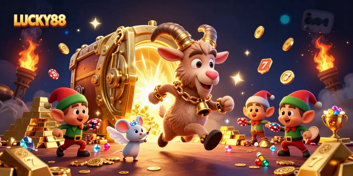 Play the engaging LUCKY88 slot game amidst Krampus and festive chaos in a vibrant casino scene.