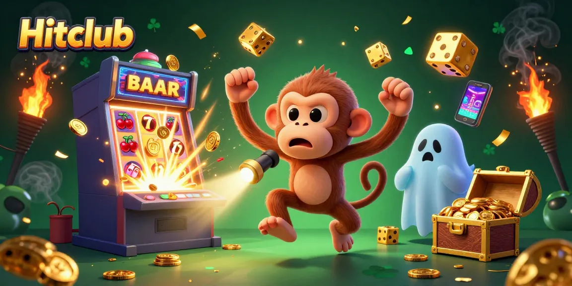 Hitclub reveals a playful casino scene with a mischievous monkey and a ghost-hunter puppy amidst dramatic jackpot celebrations.