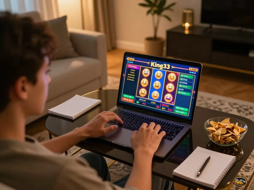 Engaging gaming session at King33 online casino with vibrant interface on laptop.