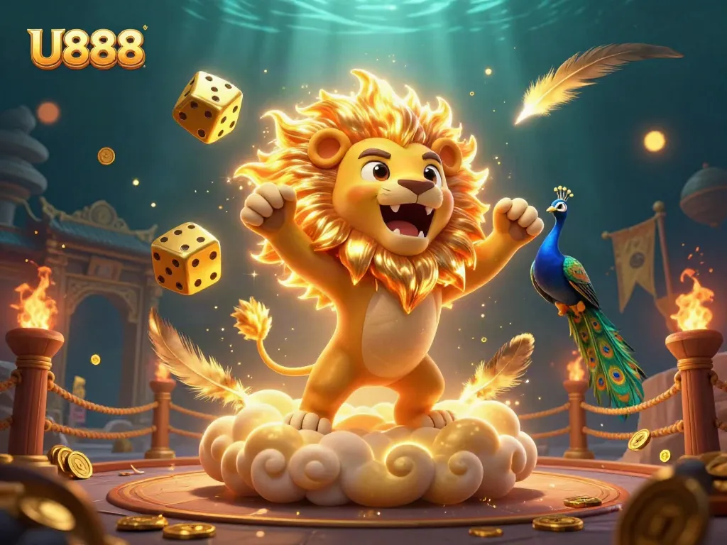 U888 showcases thrilling action with a roaring lion, golden dice, and vibrant casino elements.