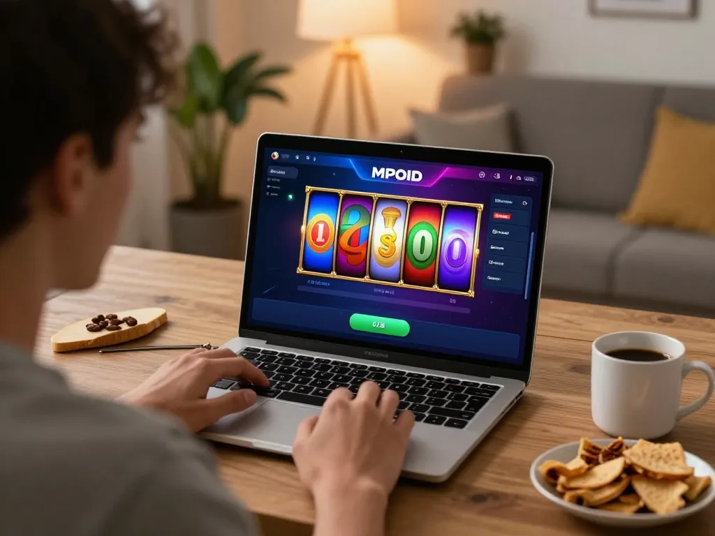MPOID interactive online gaming experience with user enjoying vibrant slot game on laptop, cozy atmosphere highlighted.