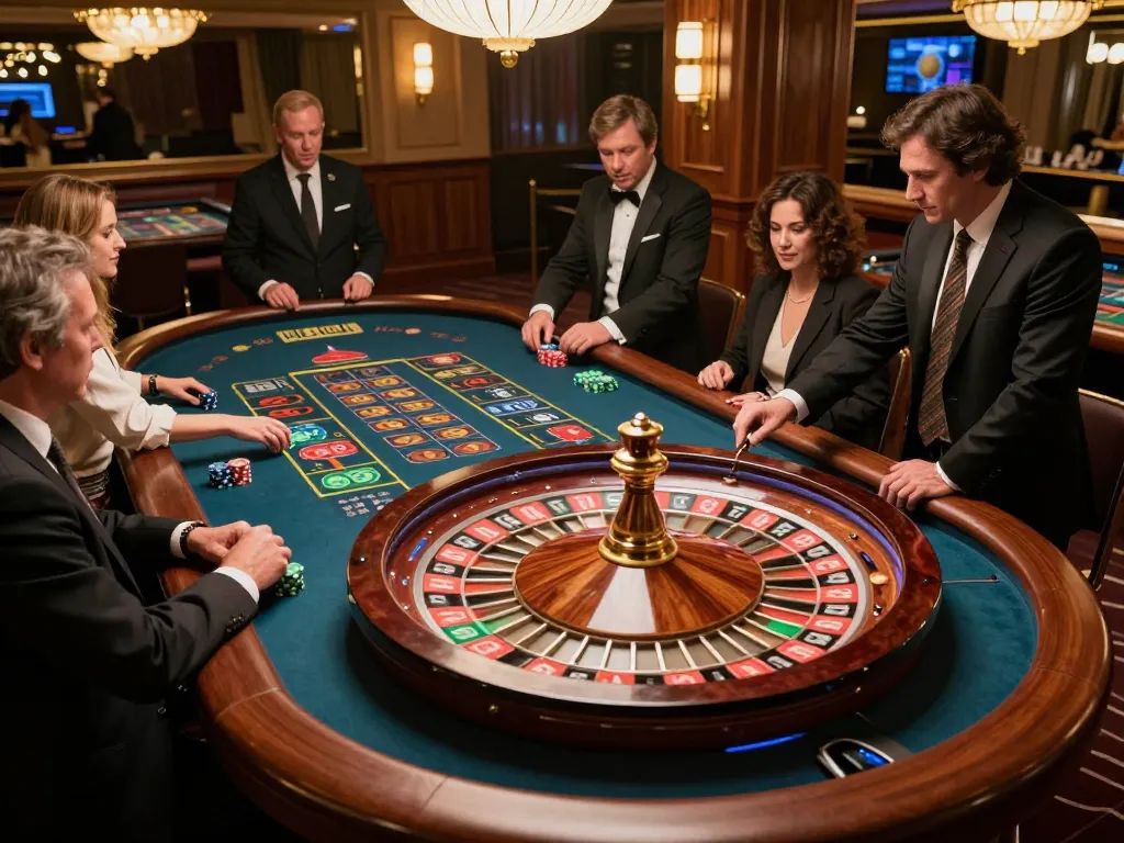 F168 players strategically engaging in exciting roulette gameplay at a luxurious casino.