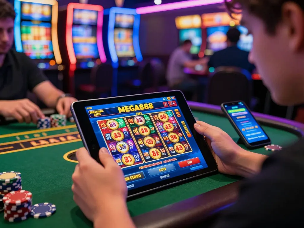 Player engaging with the mega888 apk on a tablet amidst a lively casino atmosphere.