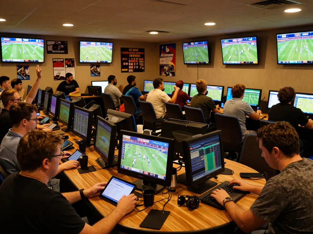 Enthusiastic bettors analyzing kèo nhà cái hôm nay in a lively sports betting lounge with multiple screens active