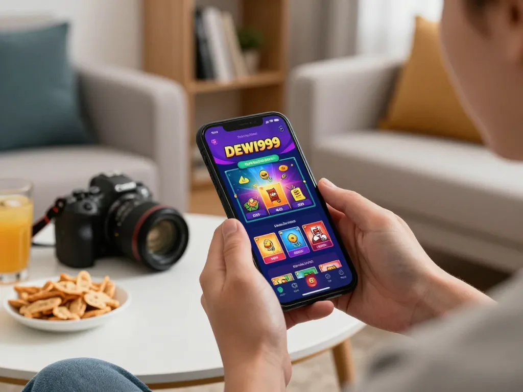 Berkecimpung dalam permainan kasino mobile dengan aplikasi DEWI999 di suasana yang nyaman, menampilkan kegembiraan perjudian online.