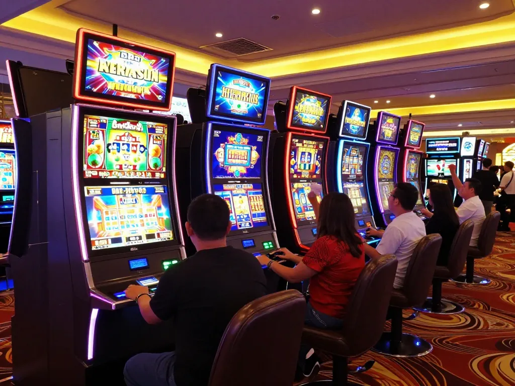 Players enjoying vibrant slot machines at mb88slot casino, celebrating wins in a colorful gaming atmosphere