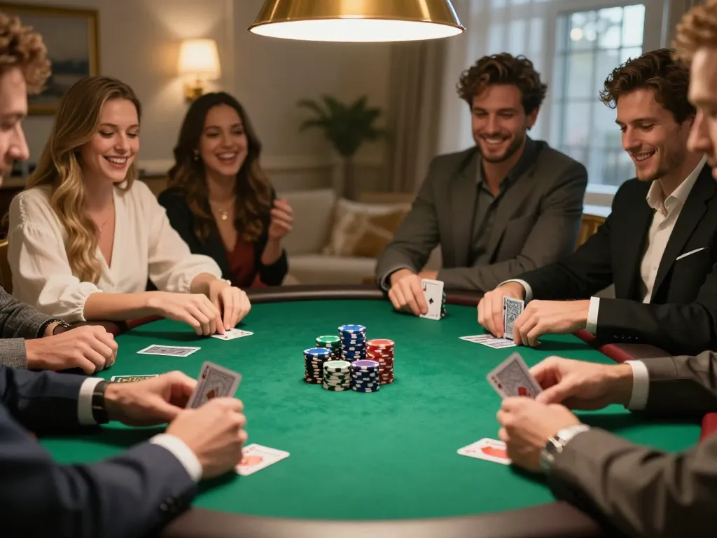 LGOGOAL players enjoying an intense home poker game with vibrant chips and cards in an upscale setting.