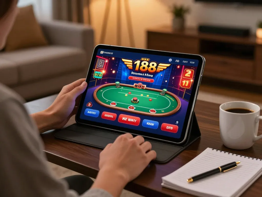 Engaging in n188 online casino gaming on a tablet in a cozy living room.