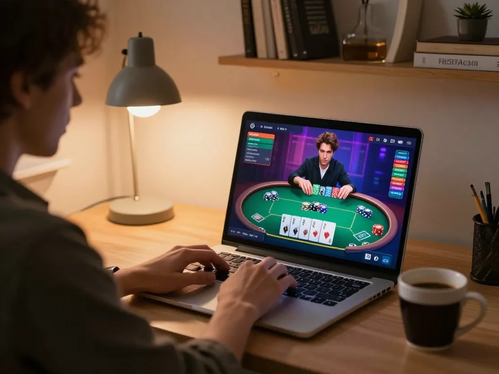 Experience FABET online casino gaming on a laptop while sipping coffee in a cozy home setup