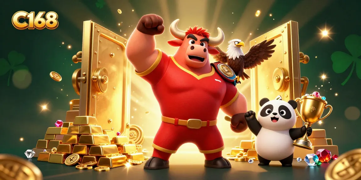 C168 offers thrilling casino excitement with a vibrant scene featuring a victorious bull mascot, eagle, and panda.