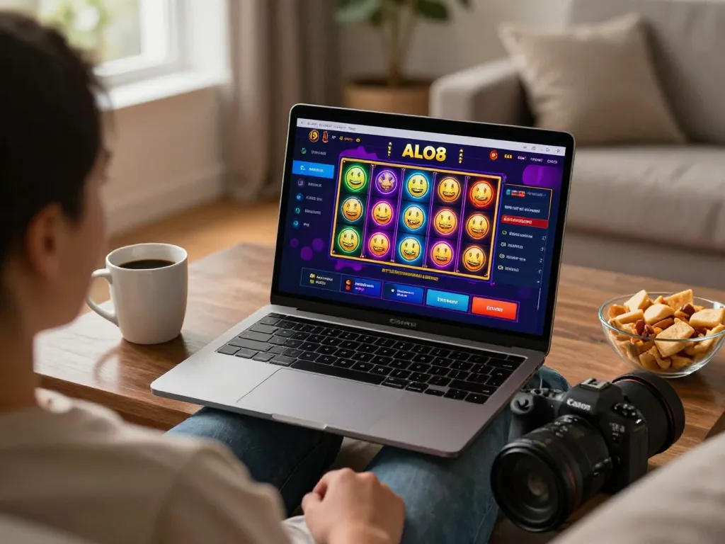 Person engaging with ALO8 online casino platform on a laptop, enjoying a relaxed gaming experience.
