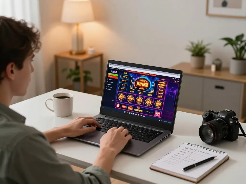 Player engaging with Jun88 online casino on a laptop, showcasing vibrant game interface and strategic setup.