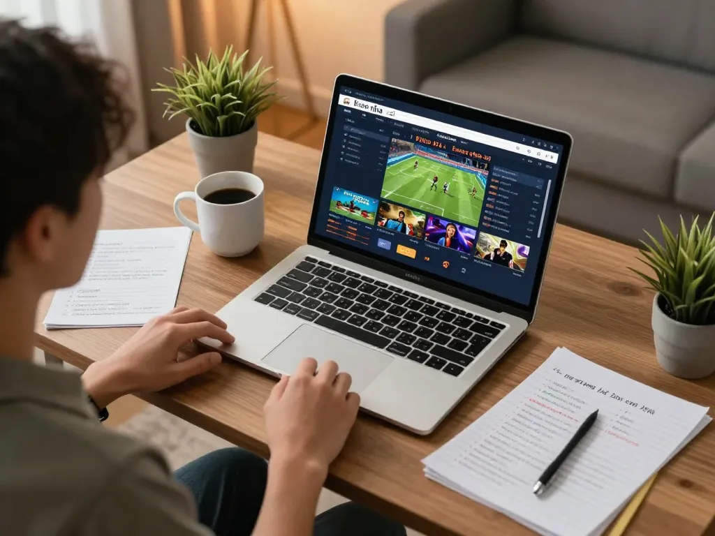 Engaging online betting scene featuring keo nha cai displayed on a laptop at a stylish home office.