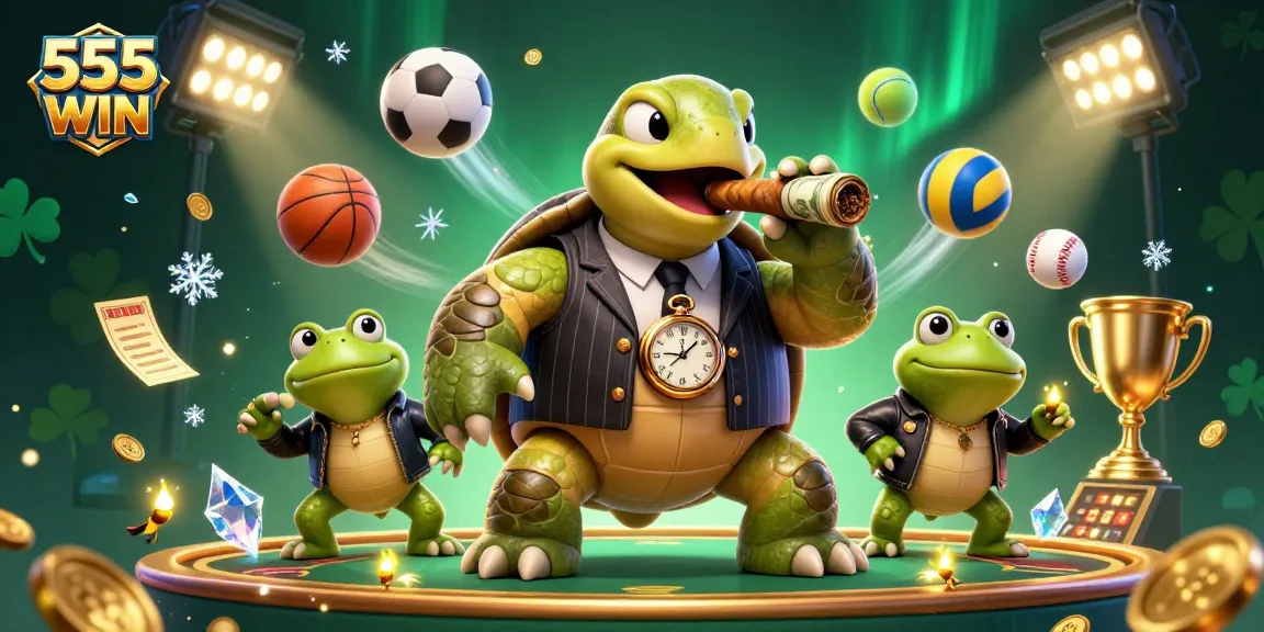Engage with the thrill of 555 WIN through a vibrant casino scene featuring a turtle and bullfrog characters.