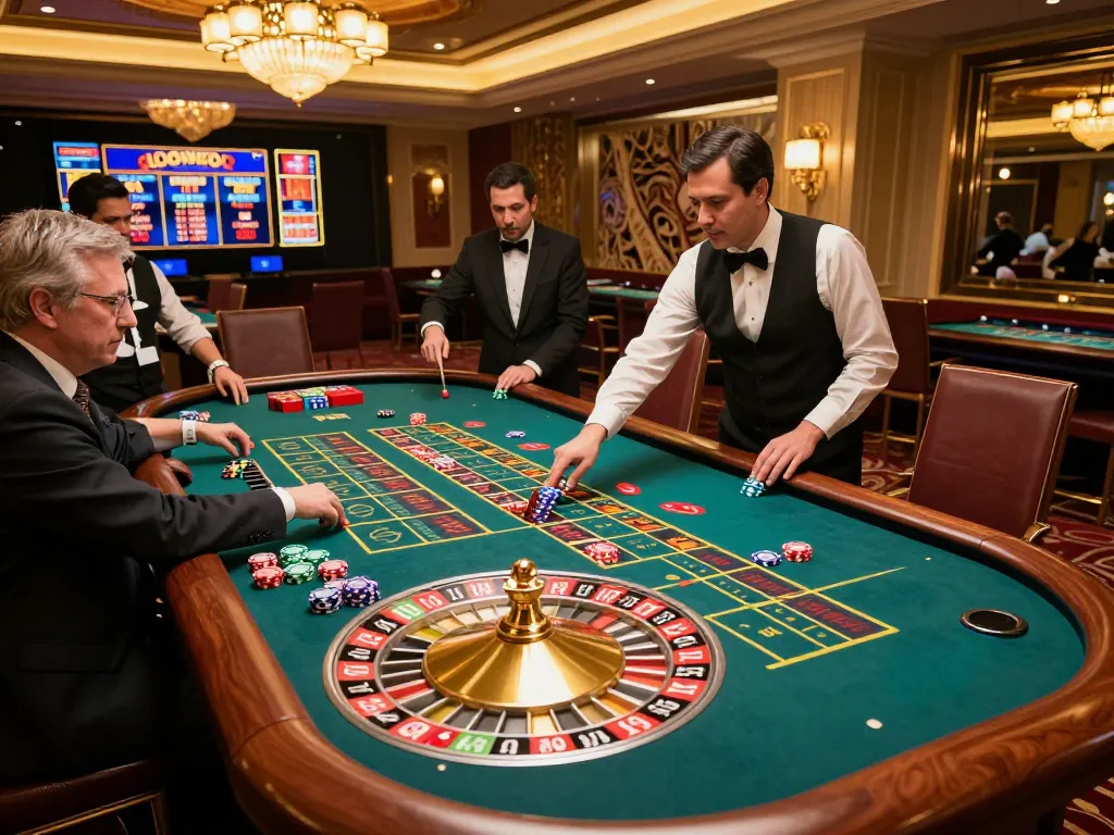 Kuwin's roulette table in a luxury casino setting featuring enthusiastic players and exciting gameplay.