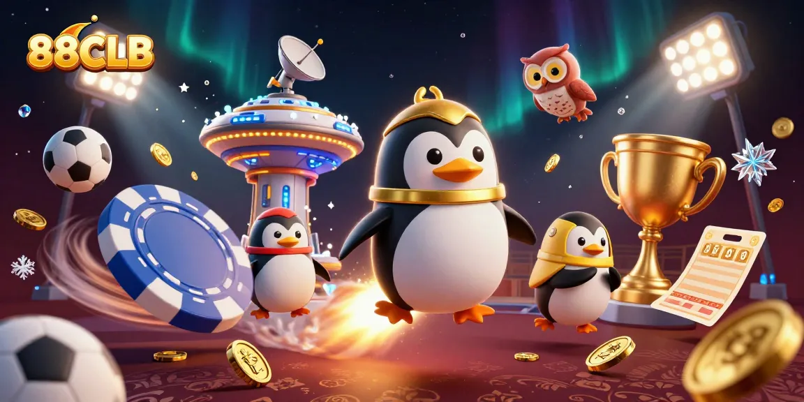 Betting with 88CLB: Cartoon penguin flying to a casino while surrounded by dynamic sports elements.