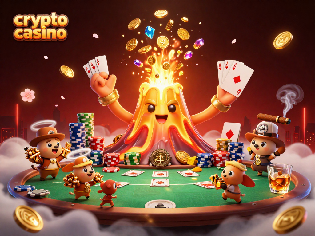 Engage with the vibrant action of a crypto casino scene featuring a triumphant volcano and fleeing explorers.