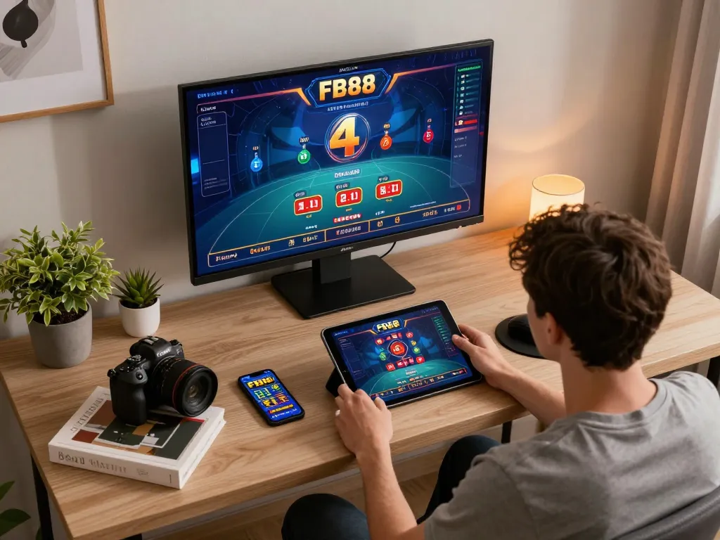 Player engaging with the FB88 app during an online casino session, showcasing a modern gaming setup.