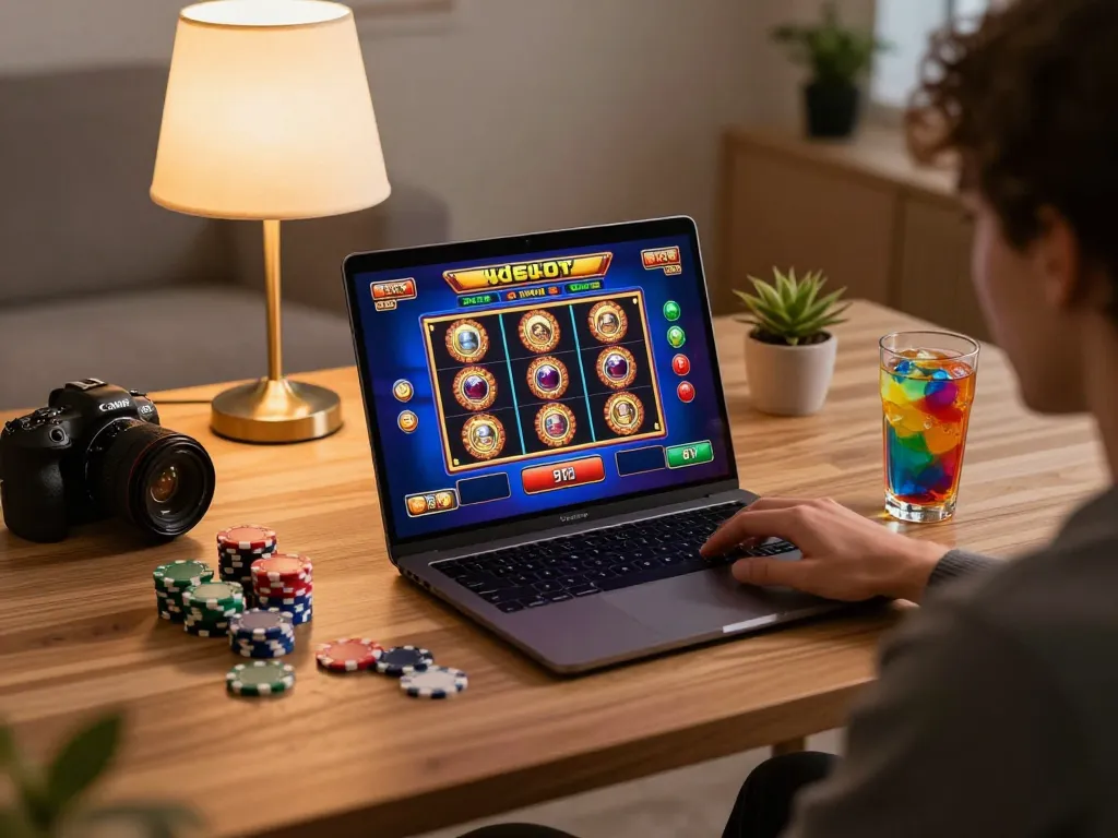 Engaging in kdslots online gaming at home with a laptop, showcasing vibrant slot visuals and a cozy atmosphere.