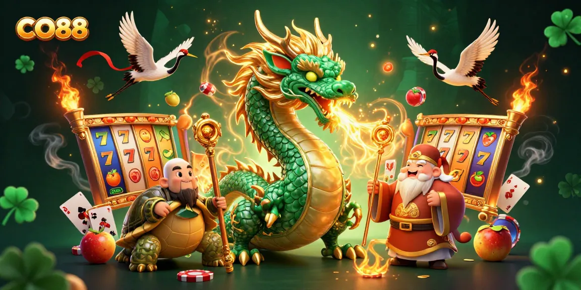 Engage in thrilling casino action with CO88, featuring a majestic dragon and vibrant slot elements.