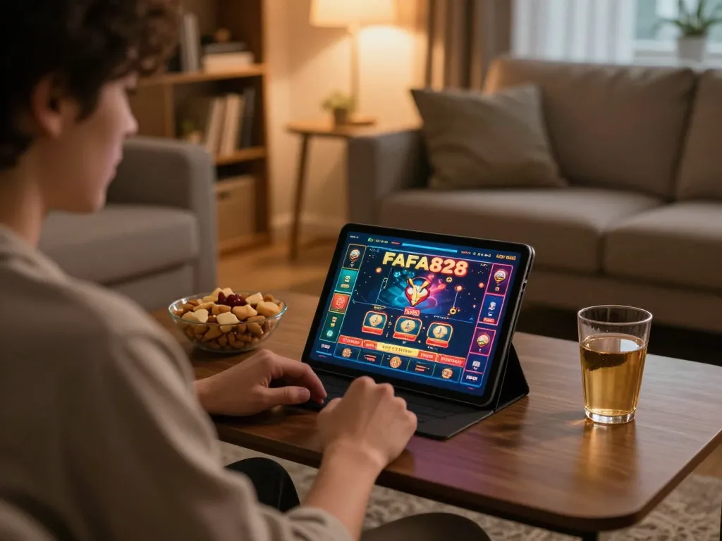 Engaged player exploring FAFA828 online casino on tablet during cozy home gaming session.