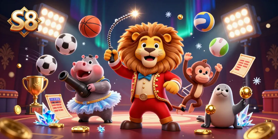 S8 showcases a vibrant casino scene with animated characters celebrating sports betting, featuring a lion in a red coat and sparkling elements.