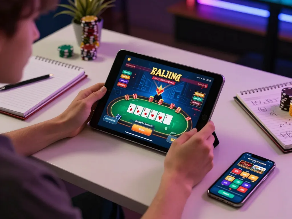 Engaging with the peri11 online poker interface on a tablet, surrounded by strategy notes and a smartphone.