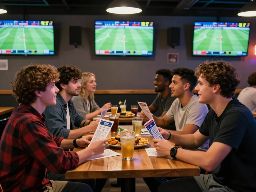 Fabet sports betting scene with friends cheering in a lively bar.