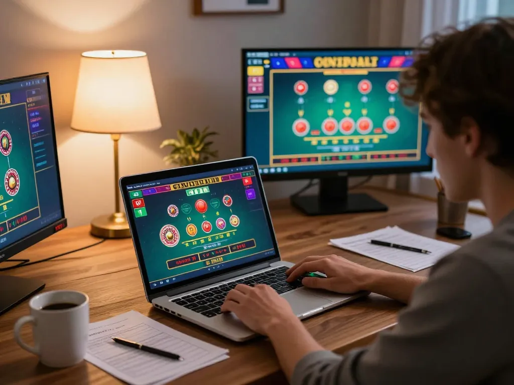 Engaged player enjoying online gambling with alarifearchitects gaming setup, laptop and strategy notes.