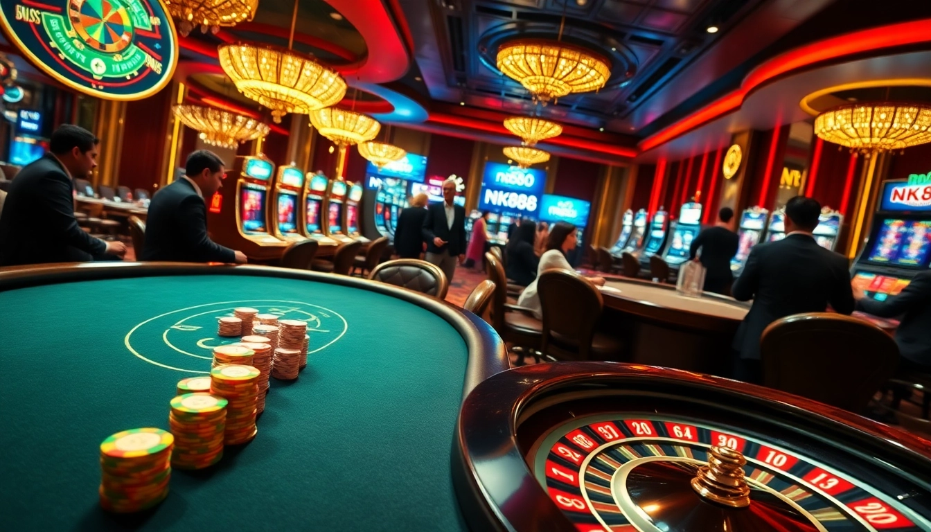 Engaging scene showcasing nk88 casino excitement with high-stakes poker and vibrant slot machines.