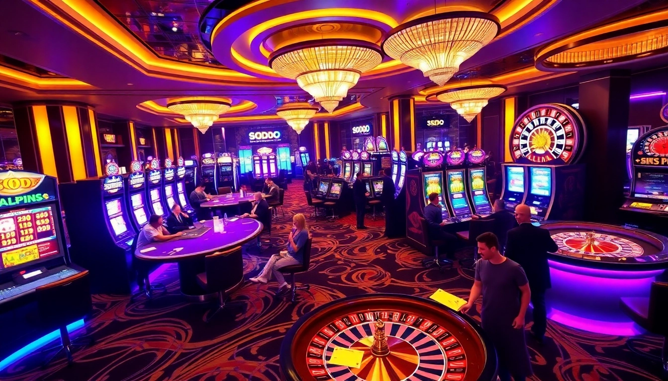 SODO casino table excitement with players betting and winning on cards and slots.