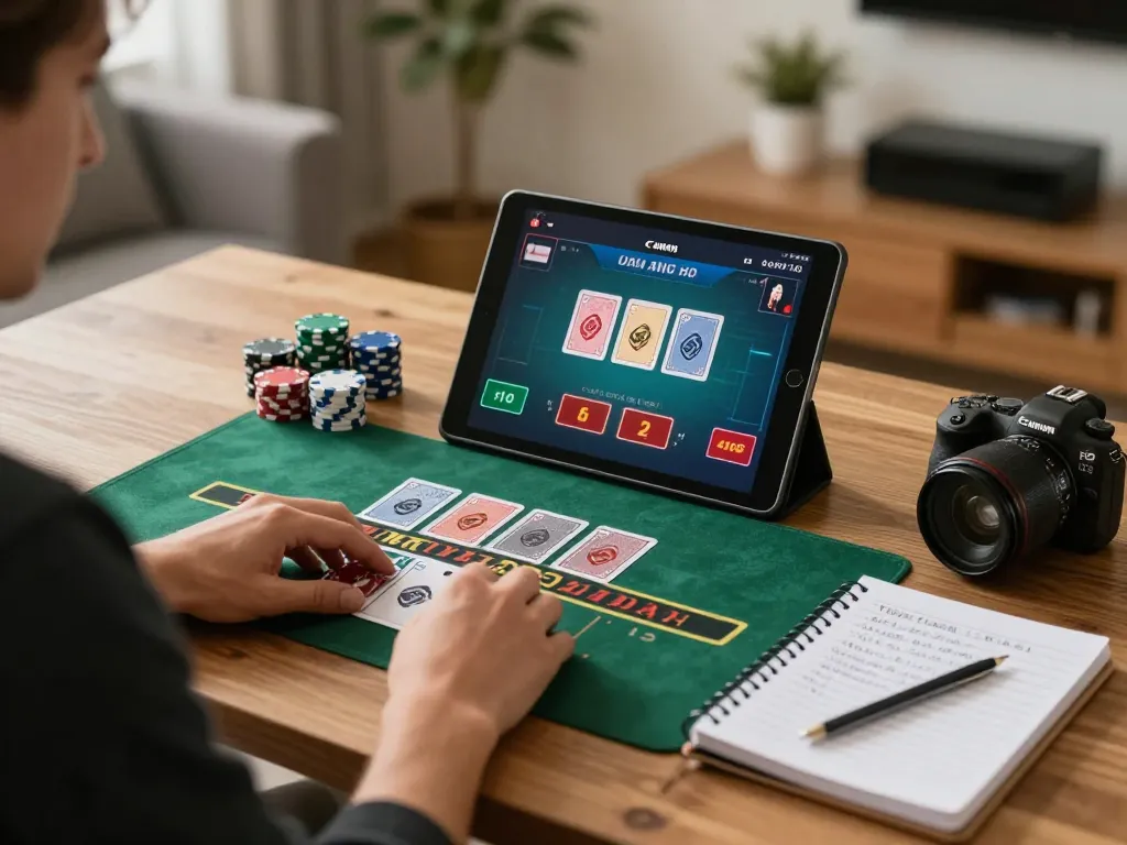 Player enjoying a live dealer game on 78win in a cozy home setting with strategic notes