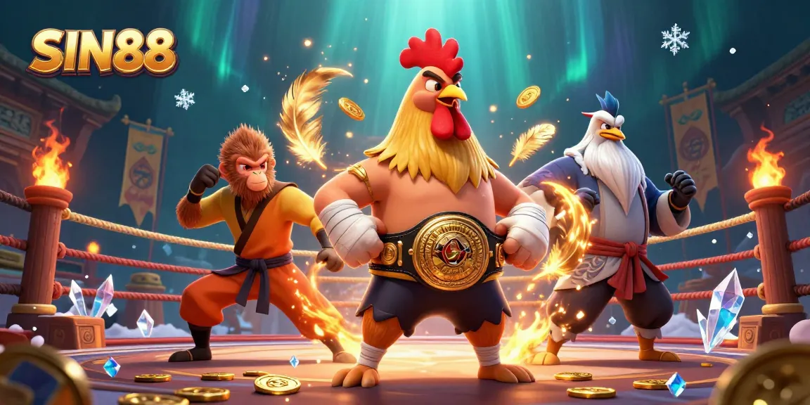 SIN88 showcases an exciting gambling scene with a Muay Thai rooster, Shaolin monkey, and crane master in vibrant action.