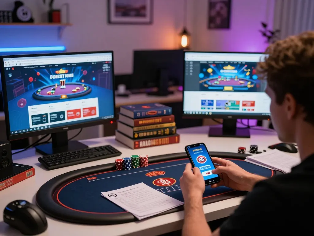 Player strategizing in an engaging online poker game using the B52CLUB app in a stylish home office.
