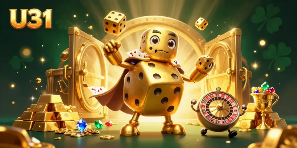 Engage with U31’s dynamic casino world featuring golden dice and treasures.