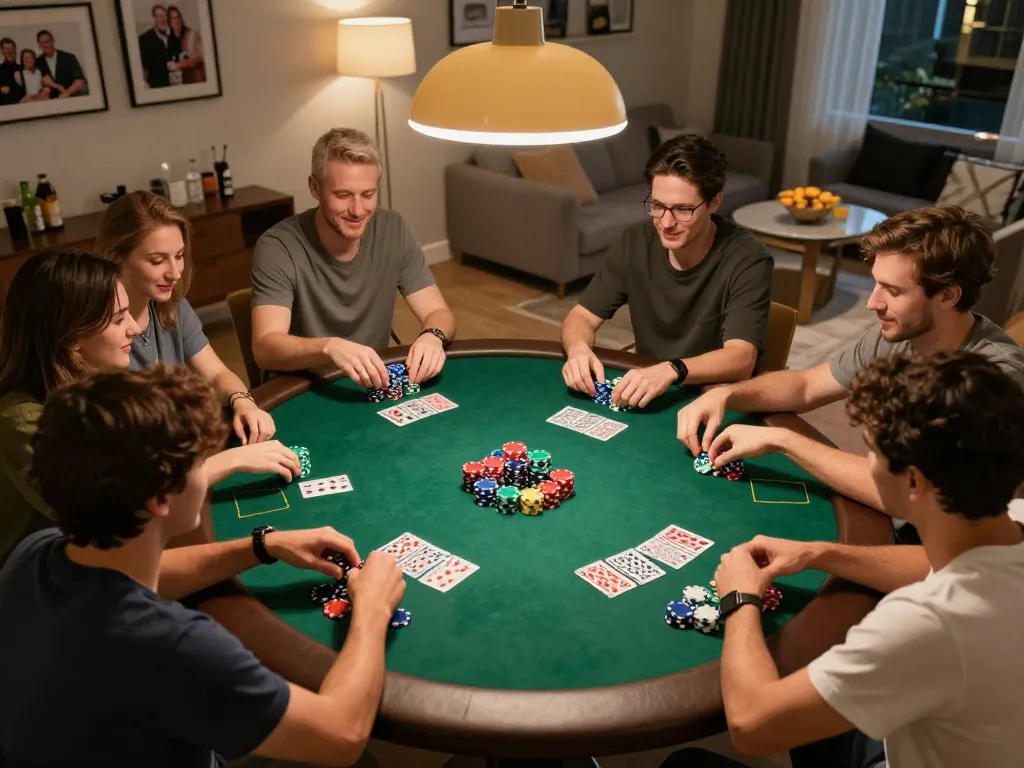 Exciting home poker night with friends playing poker and enjoying snacks vividly illustrating 23win gaming experience