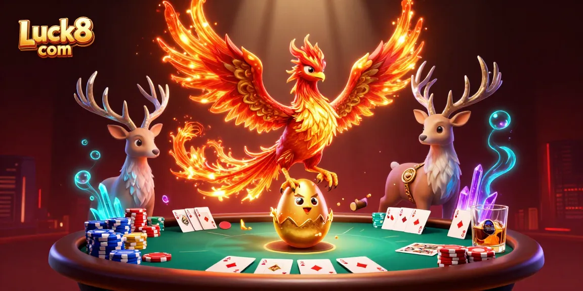 Experience exciting gameplay at Luck8 com with a vibrant casino scene featuring phoenixes and poker elements.