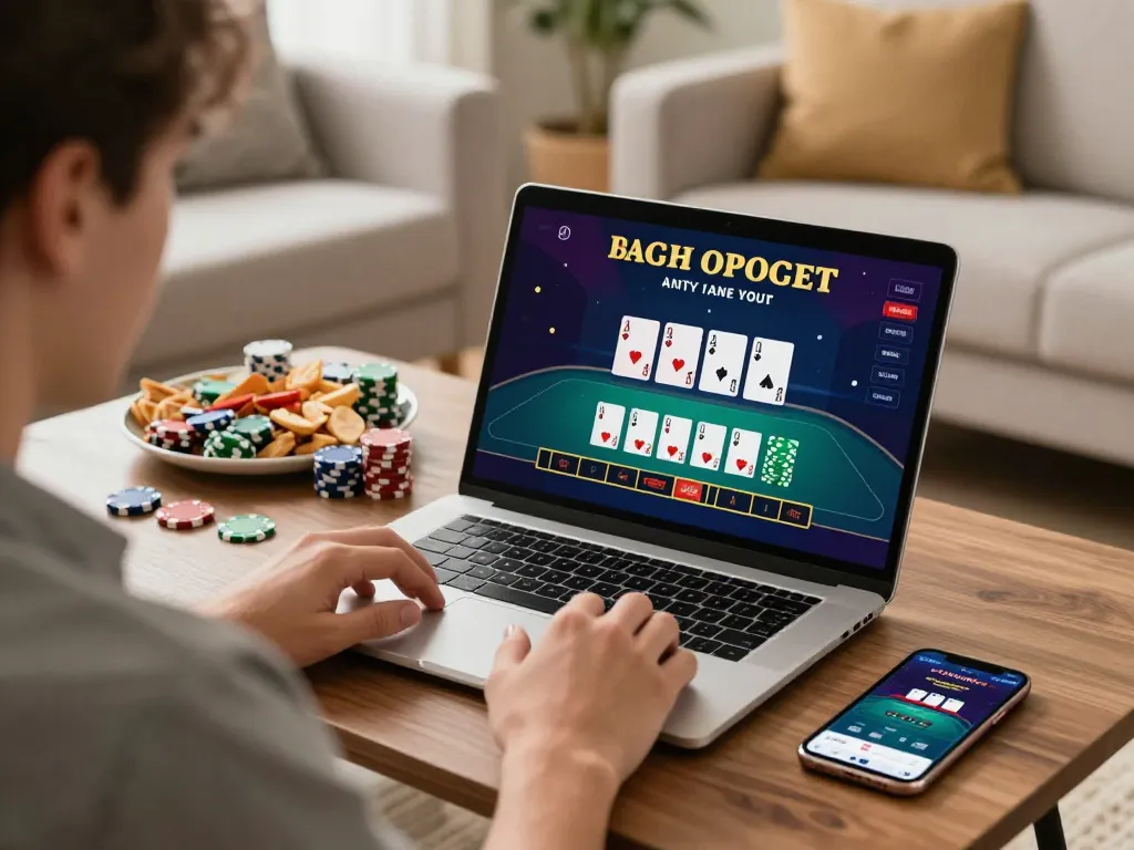 Player enjoying mb66 blackjack game on laptop with snacks in a cozy home setting.