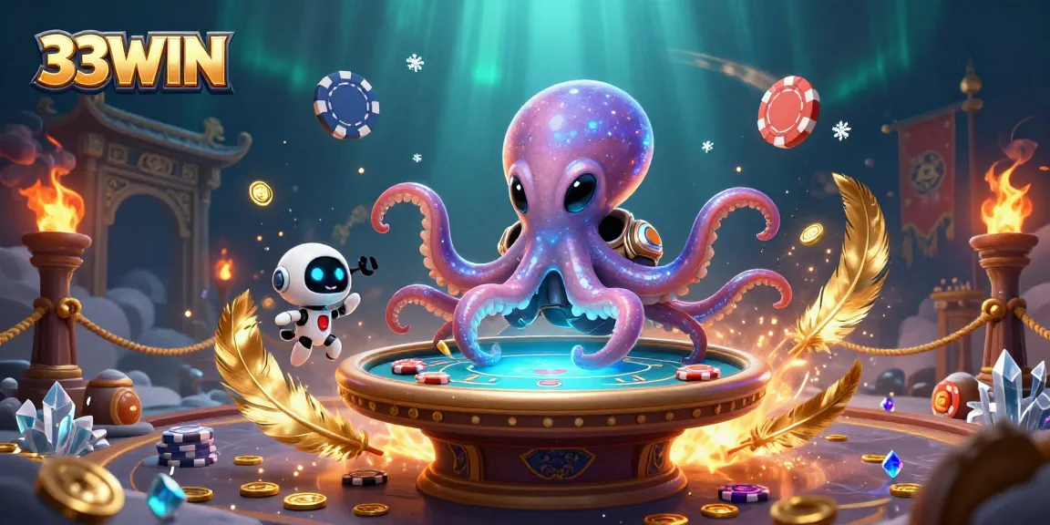 Experience thrilling gameplay at 33WIN with an alien octopus and beeping robot at a poker table.