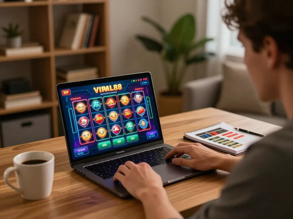 Engaging online slot game session with viral88 interface lighting up a player's focused expression in a cozy home office.