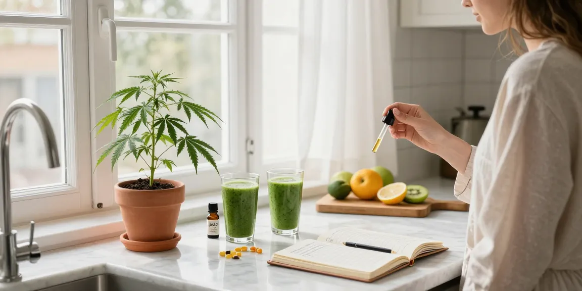 What is the legal vaping age in Cyprus shown alongside CBD oil and fresh hemp plant in a vibrant wellness routine.